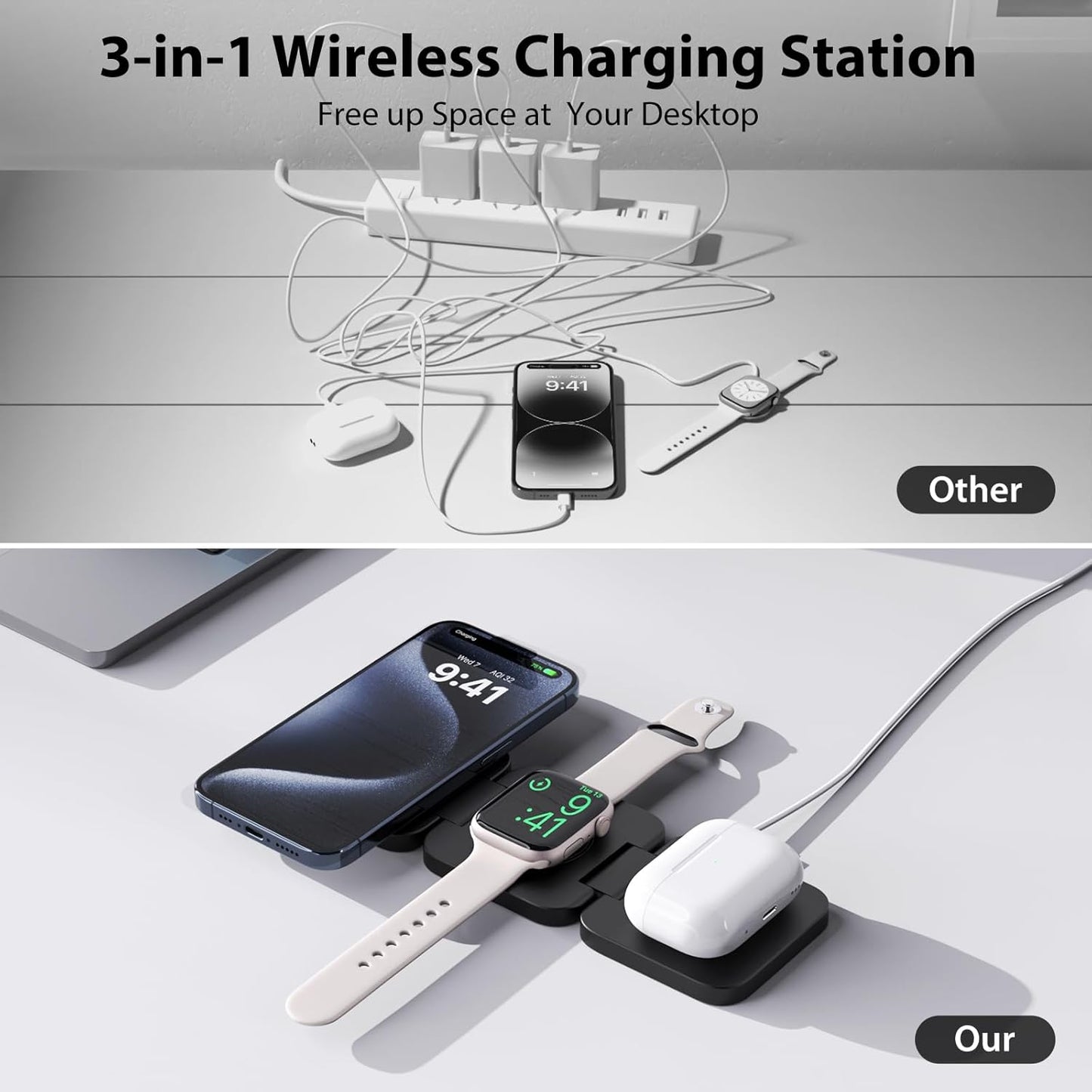 KU XIU Fast Wireless Charger, Magnetic Foldable 3 in 1 Charging Station for iPhone 17/16/15/14/13/12/Pro/Plus/Pro Max, 5W Portable Charger for Apple Watch10/9/8/7/6/5/4/3/SE, for Airpods3/2/Pro-Black