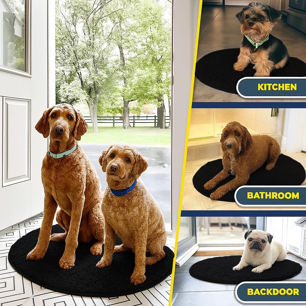Muddy Mat® Shown on TV – Super Absorbent Microfiber Dog Door Mat for Muddy Paws, Non-Slip Washable Pet Rug, Quick Dry Chenille Entryway Carpet, Machine Washable Indoor Outdoor Mat, Black Round 4ft
