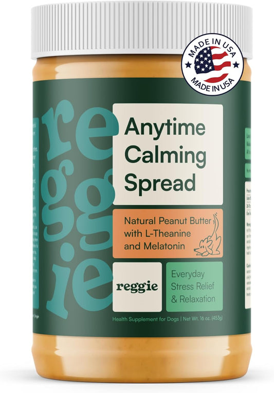 Reggie Calming Spread for Dogs, 100% Natural Peanut Butter with Melatonin & L-Theanine, Short-Term Dog Anxiety Relief, Made in USA 16oz