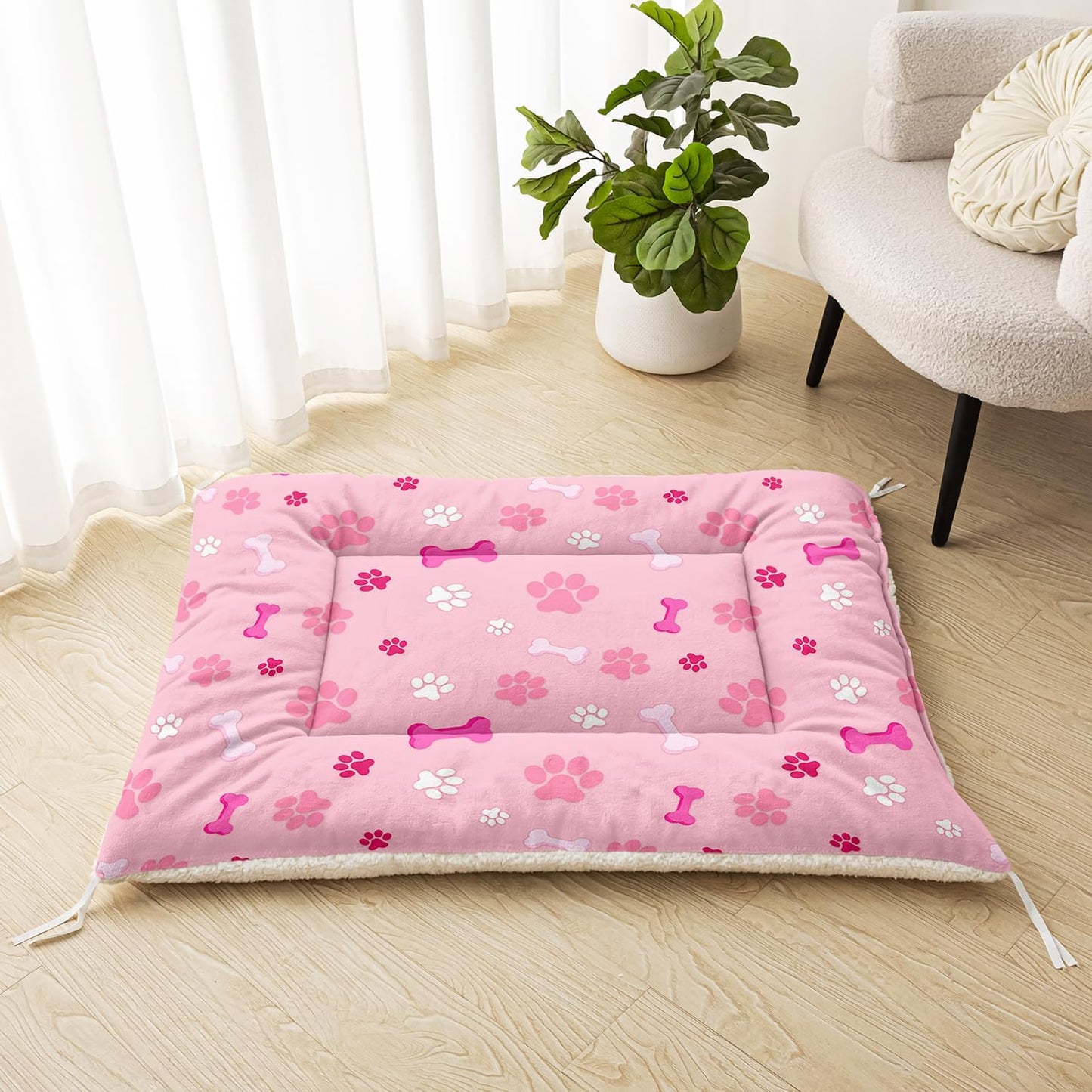 Pink Paw Print Dog Bed Mat - Cute Puppy Pad for Crate or Kennel - Washable Bone Design Pet Mat - Soft Fleece Liner for Small Dogs & Cats - Anti-Slip (M)