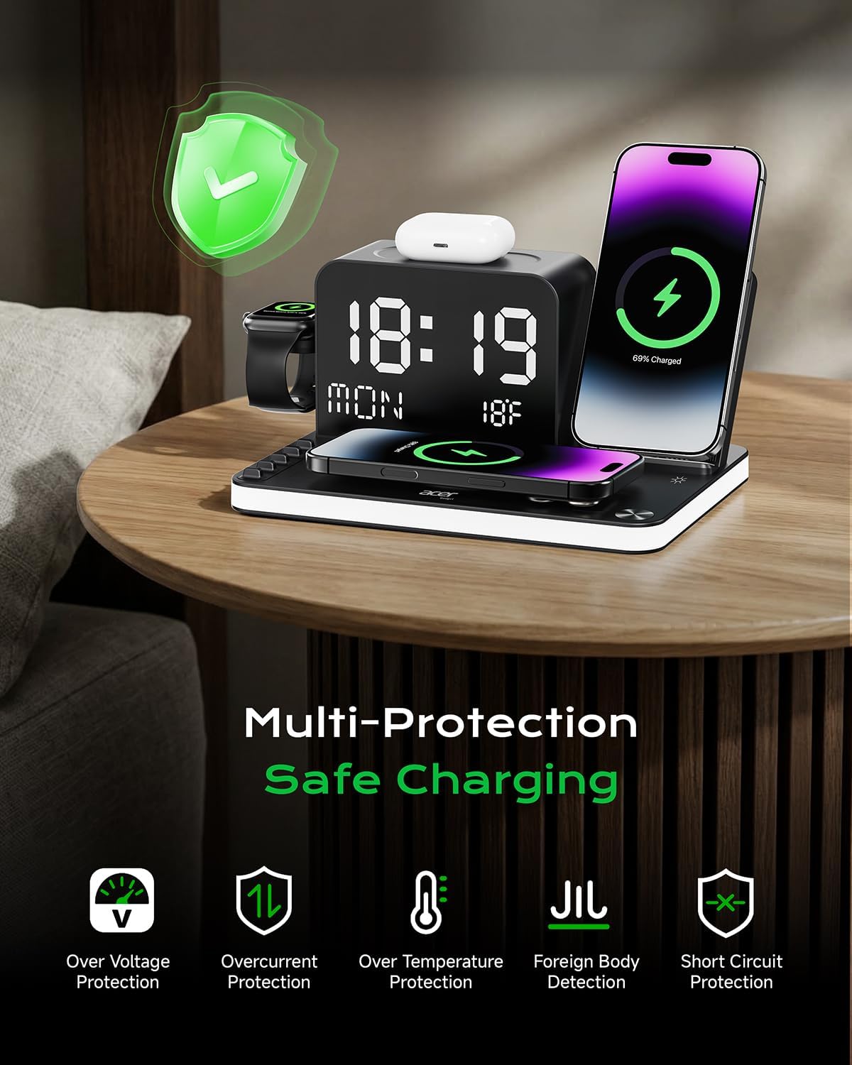 acer 7-in-1 Wireless Charging Station: Charger Stand for Multiple Devices for Apple - iPhone 16 15 14 13 12 Pro Max Apple Watch Airpods, Wireless Charger iPhone Charging Station with Bluetooth TimeSyn