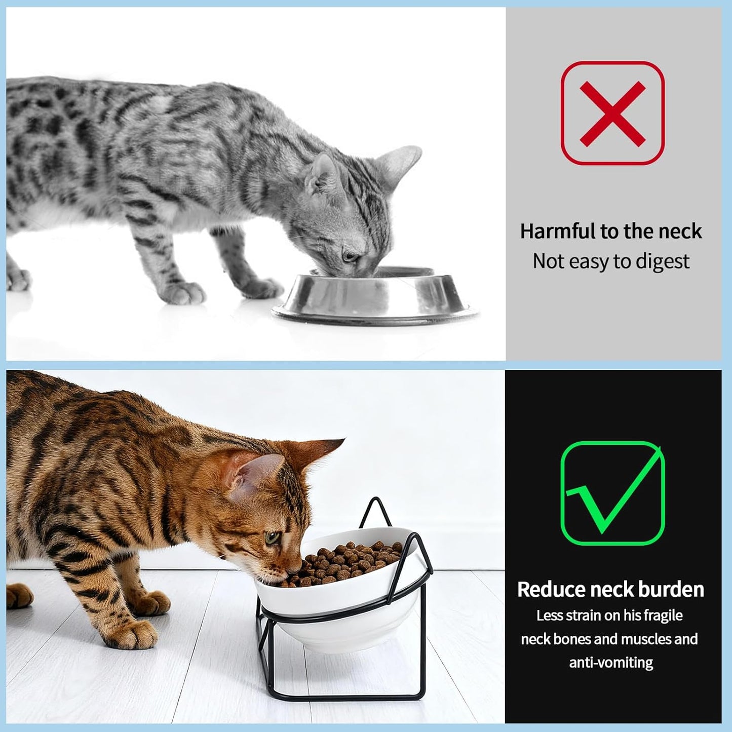 Elevated Cat Food Bowl,Ceramic Raised Water Bowl for Indoor Cats, 15°Tilted Metal Stand Anti Vomiting and Protect Spines,Whisker Fatigue Feeding Dishes,Non-slip and Dishwasher Safe