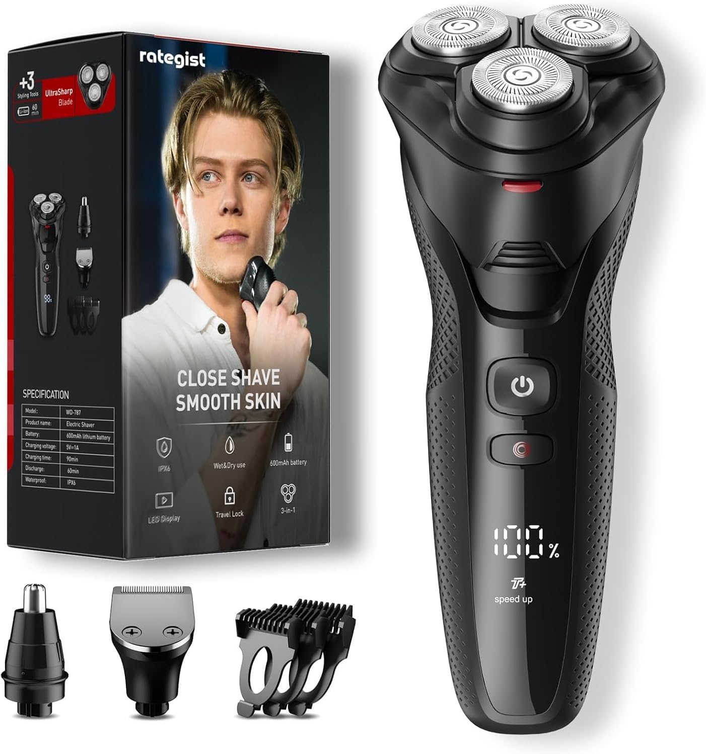 3-in-1 Electric Razor for Men: IPX7 Waterproof Electric Shavers for Men with Turbo Speed & Precision Blades, Cordless TraWDvel Kit for Beard Nose Sideburns, Exotic Black