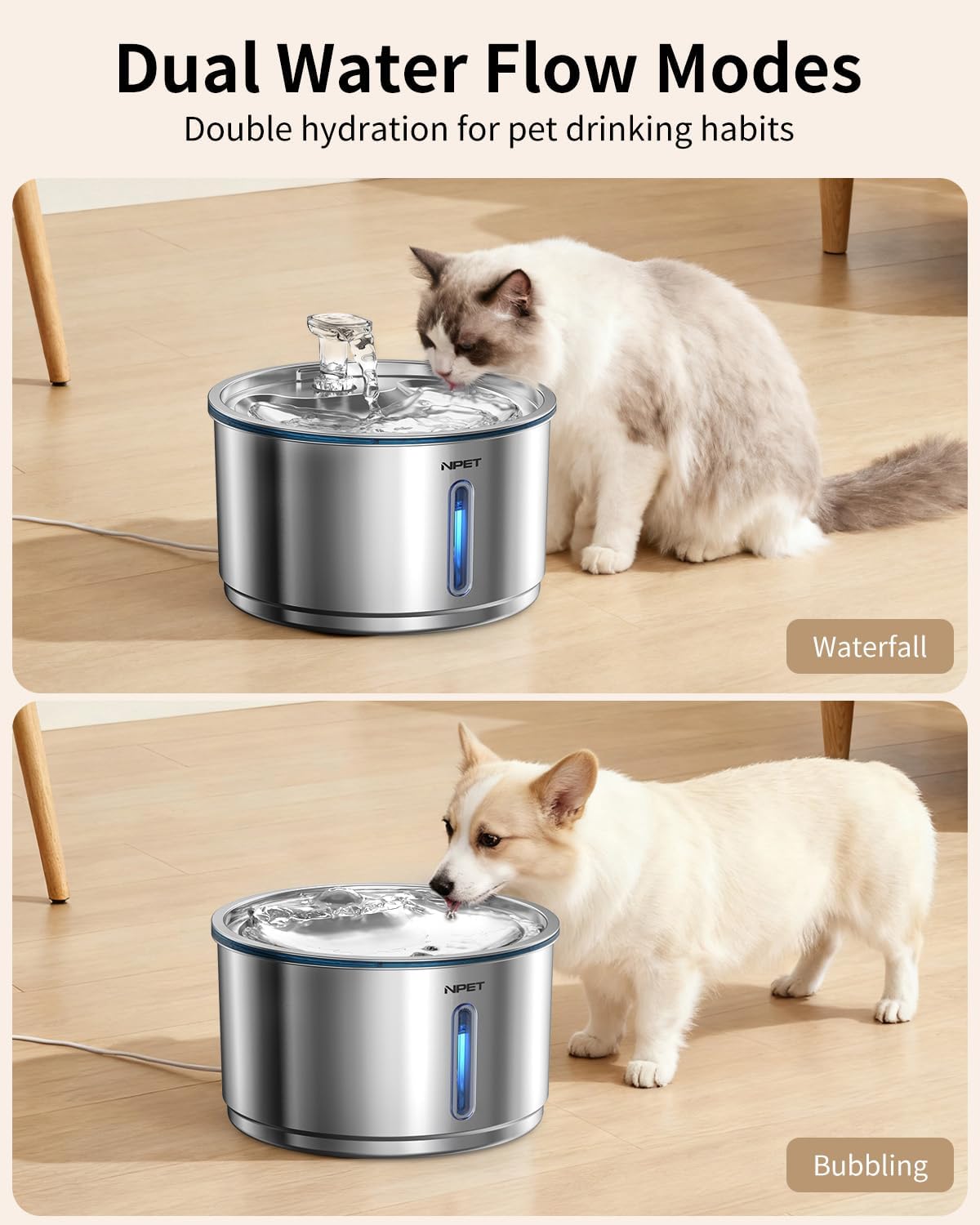 NPET Stainless Steel Cat Water Fountain, 1 Gallon/135oz Automatic Pet Drinking Fountain Dog Water Dispenser Bowl with Water Level Window for Cats Indoor - WF210Plus