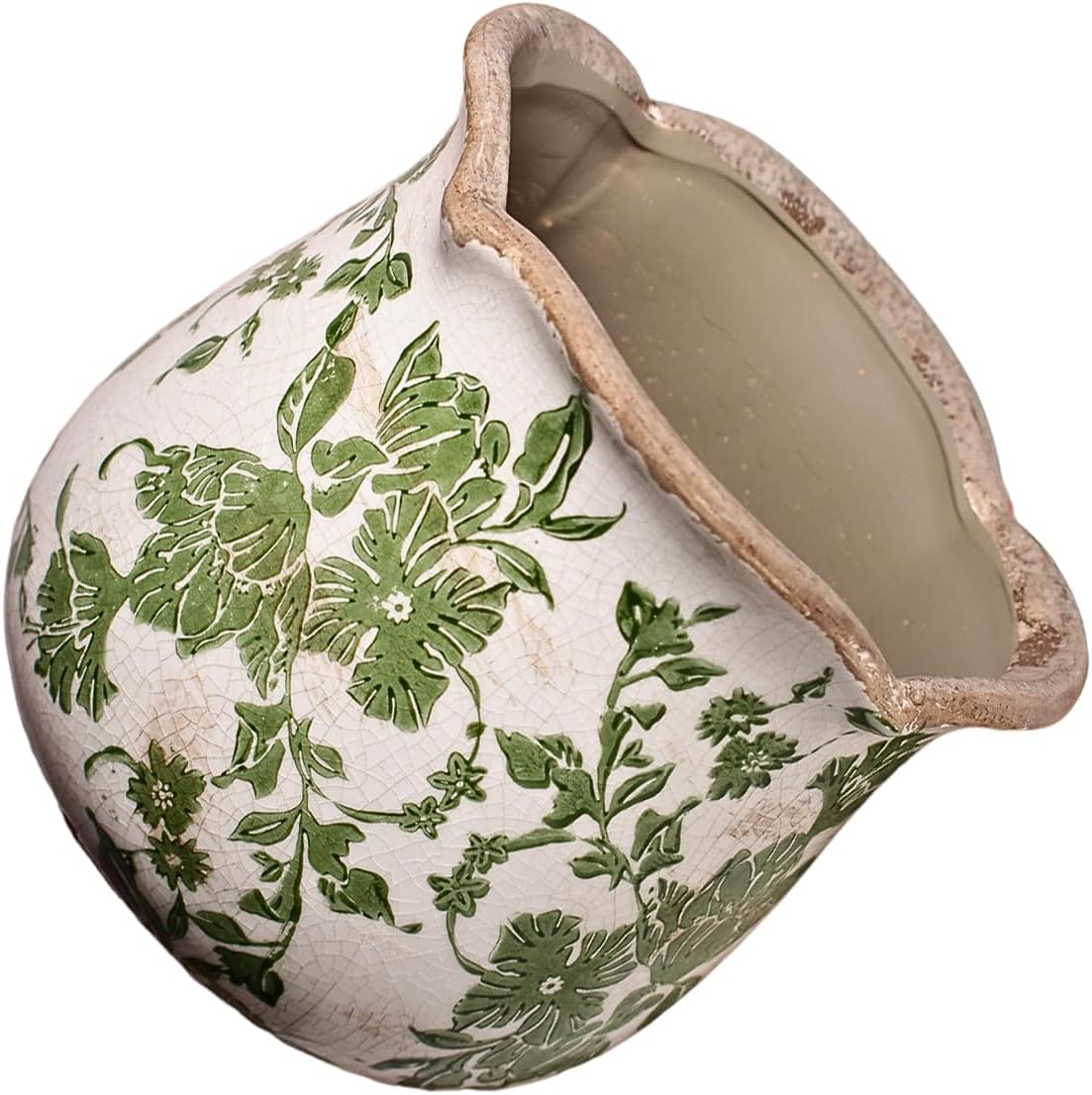 Tuscan Ceramic Plant Pots, 6.11 Inch Vintage Planters with Drainage Hole for Indoor Plants, Farmhouse Green Scroll Vase & Flower Pots, Home Kitchen Garden Decor, Plant Lover Gifts