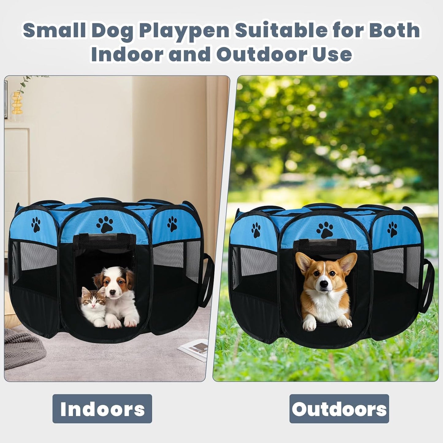 Dog Playpen,Puppy Pet Cat Playpen Indoor for Small Dogs Tent Crates Cage Indoor/Outdoor, Portable Pop Up Dog Kennel Playpen with for Dogs/Cats/Rabbits, Removable Zipper Top(Small Size, Blue)