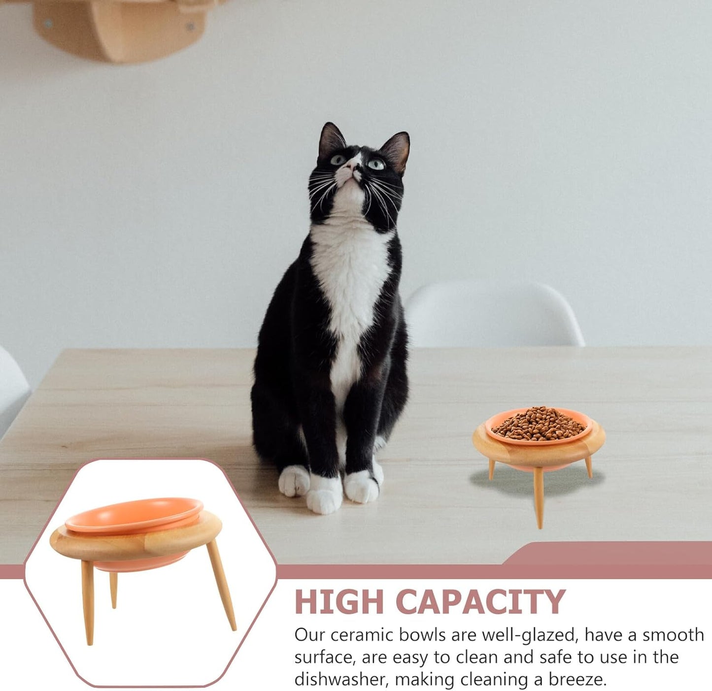 Milisten Elevated Ceramic Cat Bowl with Oak Rack 600ml Raised Pet Food Holder and Water Container for Cats and Small Dogs Feeding