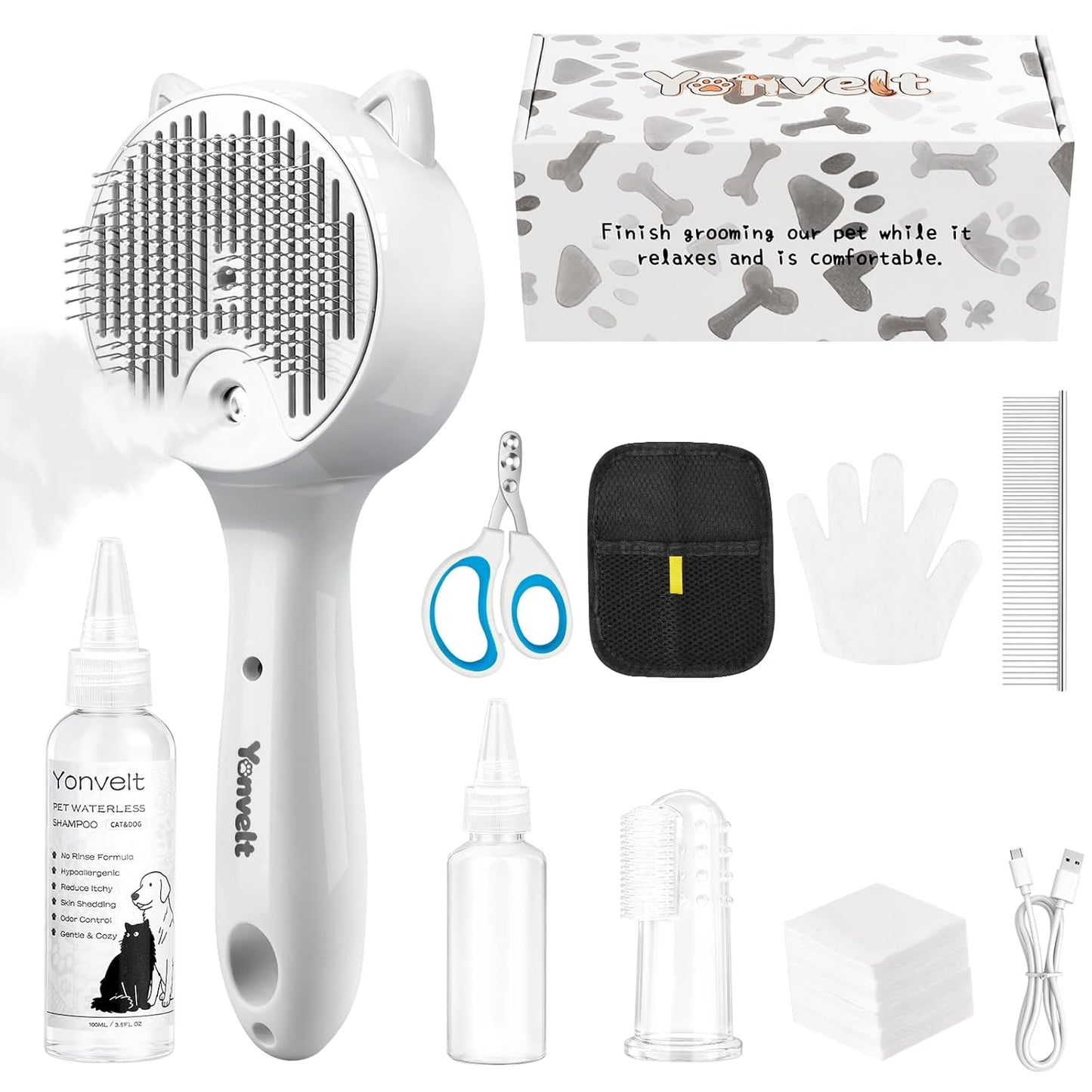 9in1 Pet Mist Spray Brush Kit for Cat & Dog, Hair Health & Grooming Set with 100ml Waterless Shampoo, Nail Clippers, Toothbrush, Comb, Eye Ear Paw Dry Wipes & Gloves, Hair Removal Glove, Gift-Set