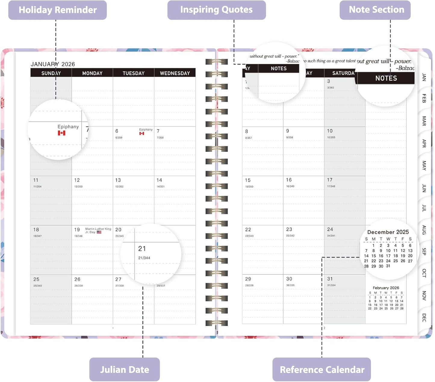 2026 Planner, Weekly and Monthly Calendar Planner , Jan 2026 - Dec 2026, Hardcover Calendar Planner with Tabs, Spiral Bound, Inner Pocket, Agenda Notebook for Office School Supplies, 6.2" x 8.5" - Pink Blossoms