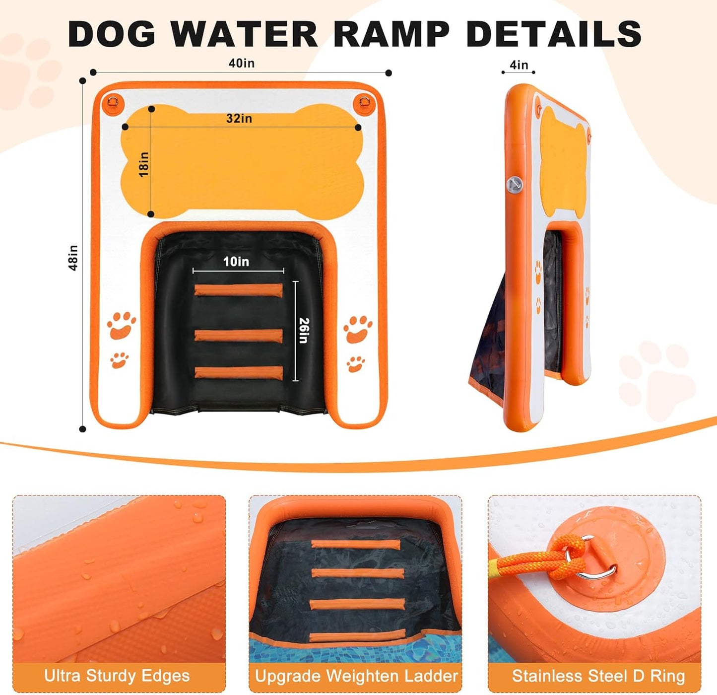 VOFiTNY Dog Pool Ramp, Safe Pool Ramp for Dogs Up to 200lbs, 2025 New Dog Boat Ramps with Non-Slip EVA Pad&Weighten Ladder, Puppy Steps for Pool/Boat/Dock/Sea, Orange Doggie Dock with Hand Pump