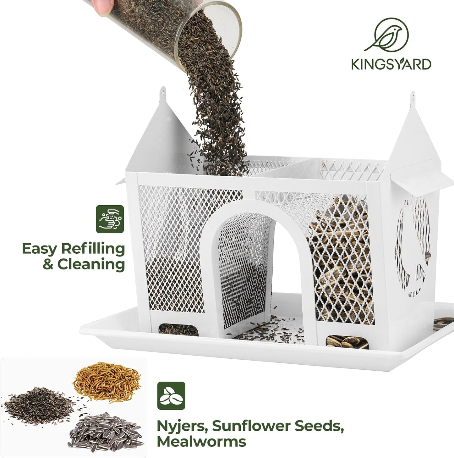 Kingsyard Bird Feeder for Outdoors Hanging, Dual-Use Metal Mesh Wild Bird Feeders with Seed Tray & Weatherproof Roof, 3 lbs Large Capacity, White