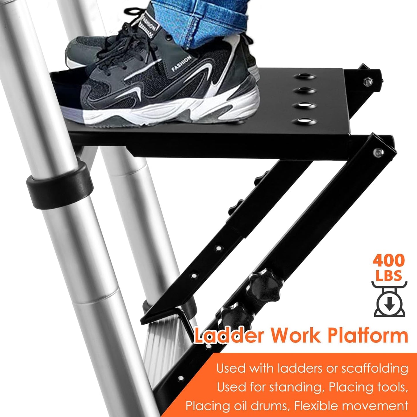 TooCust Ladder Platform, 3-Level Adjustable Ladder Step & Work Platform, 400 lbs Extreme Heavy Duty Standing Scaffold, Pro-Grade Extension Ladder Workstation & Tool Tray for Painting & Repairs (Black)