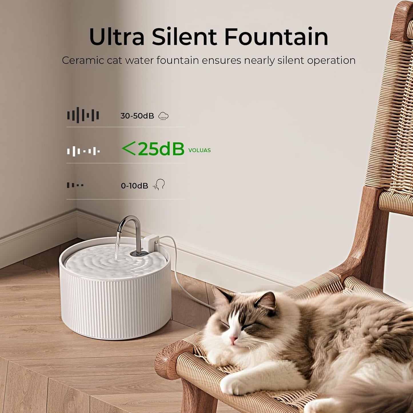 Voluas Ceramic Cat Water Fountain: 2.2L/74oz Cat Fountains for Drinking, Automatic Pet Water Dispenser with Ultra-Quiet Pump and Replacement Filter, Kitty Watering Supplies Indoor Easy Clean BPA-Free