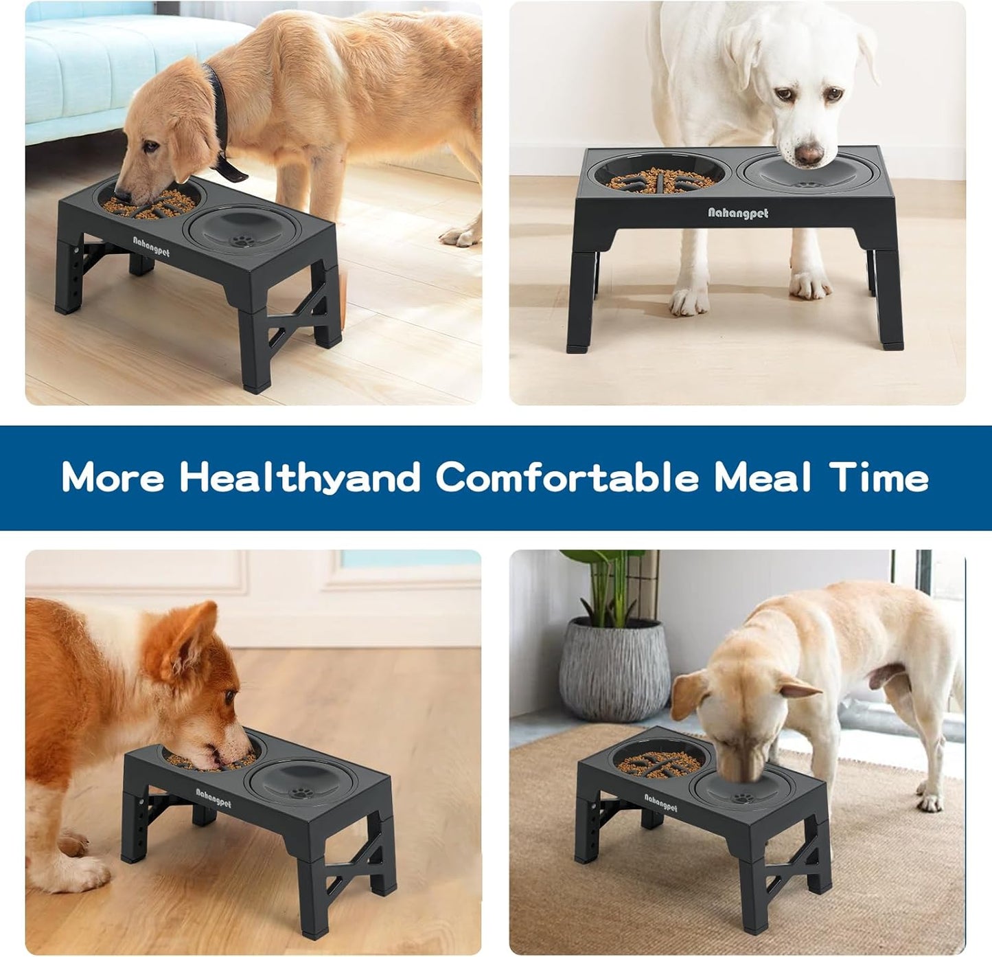 3-in-1 Elevated Slow Feeder Dog Bowls for Food and Water, 5 Heights Adjustable Raised Dog Bowls, Non-Slip, No Spill, for Small Medium Large Dogs and Cats(Grey)