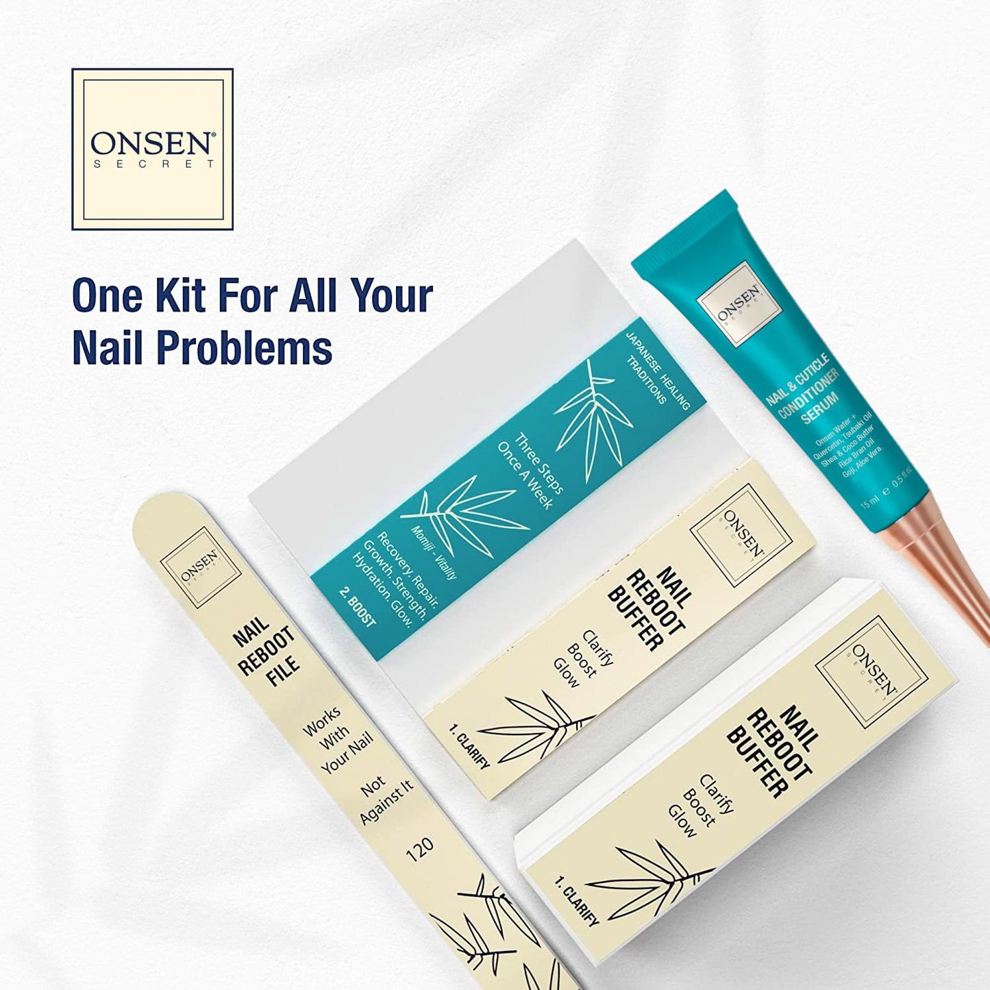 Onsen Secret Nail Care Kit - w/Cuticle Care Serum, Japanese Nail Buffer and Shine Kit - Strengthening & Shining - Spa-Quality Manicure - Organic Ingredients - Long-Lasting Shine - Easy & Safe - 1pk