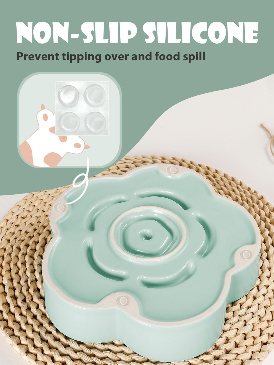 Ceramic Slow Feeder Dog/Cat Bowl, Anti-Choking Food Bowl, 8" 11.3oz for Medium, Large Breeds, Plum Puzzle Design, Non-Slip Silicone, Dishwasher and Microwave Safe, Green