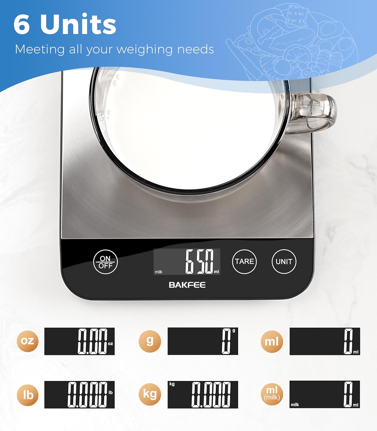 Food Scale, 33lb Rechargeable Kitchen Scale with Stainless Steel, Grams and Ounces, USB Charging, 1g High Accuracy for Baking, Cooking & Food Prep, Black, BK806