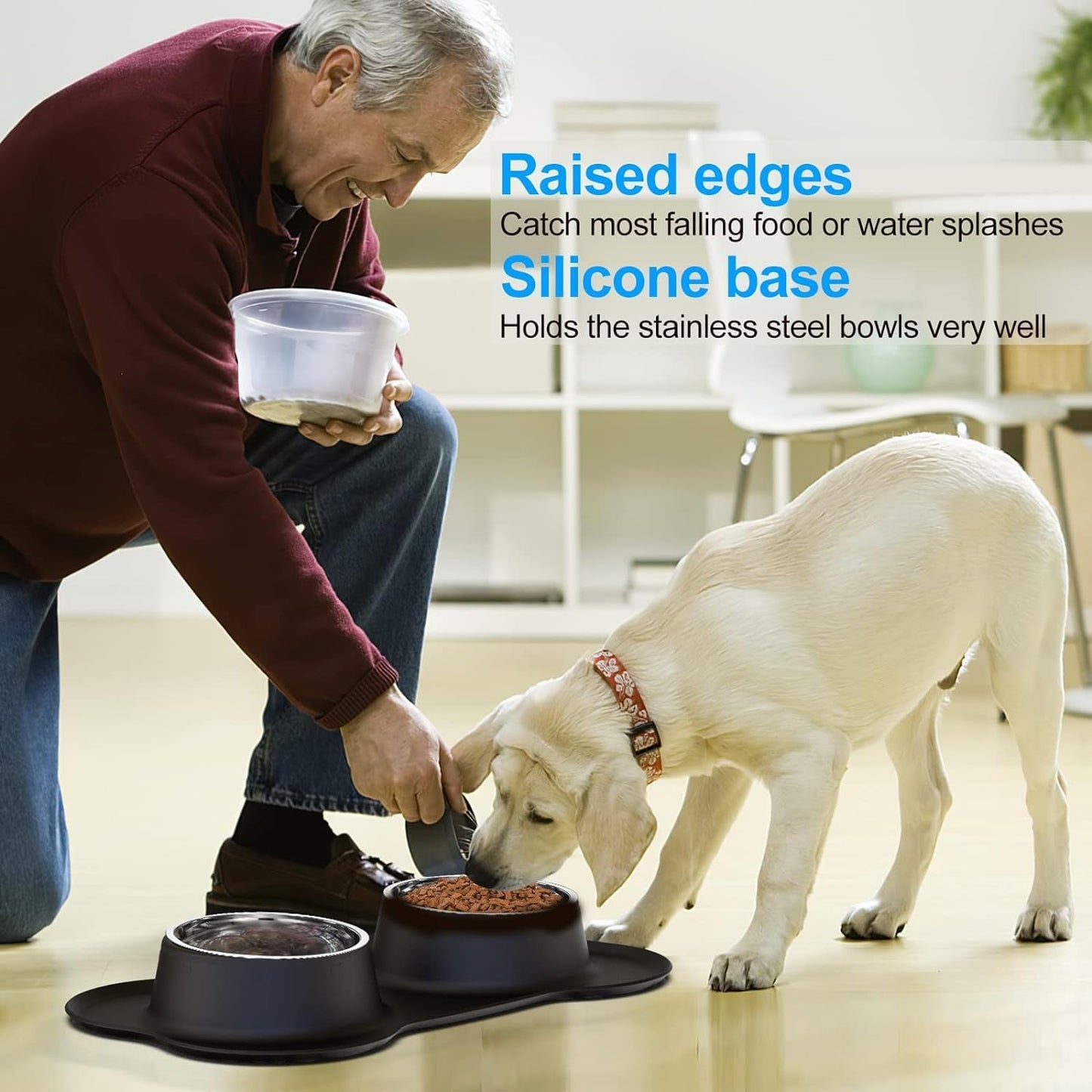 Pet Deluxe Dog Bowls Stainless Steel Dog Food Water Bowl Set with Stand, Feeding Bowls No Spill Non-Skid Silicone Mat, Dog Dishes for Small Medium Large Size Dog Puppy Pet Food Bowls, Black, 4 Cup