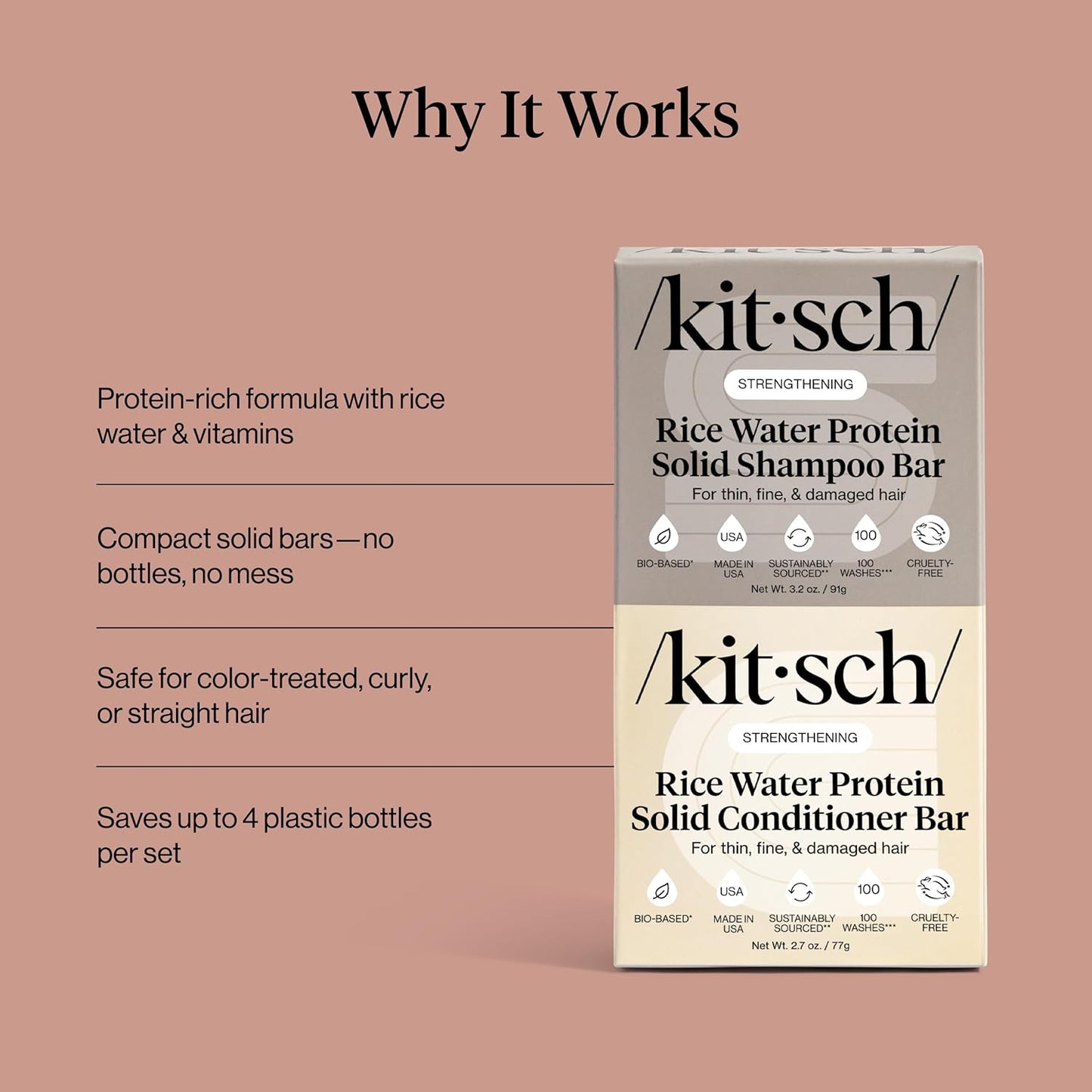 Kitsch Rice Water Protein Solid Shampoo and Conditioner Set for Hair Growth – Strengthening Hair Care Duo w/Rice Protein & Vitamins for Damage Repair – Paraben, Sulfate & Silicone Free, Made in USA