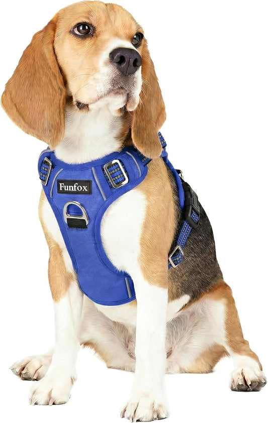 Funfox Dog Harness Medium No Pull, Adjustable 2 Clips Anti-Pull Vest with Practical Handle, Breathable Padded Pet Harness Designed for Small/Large Breeds, Reflective Training Walking Blue M