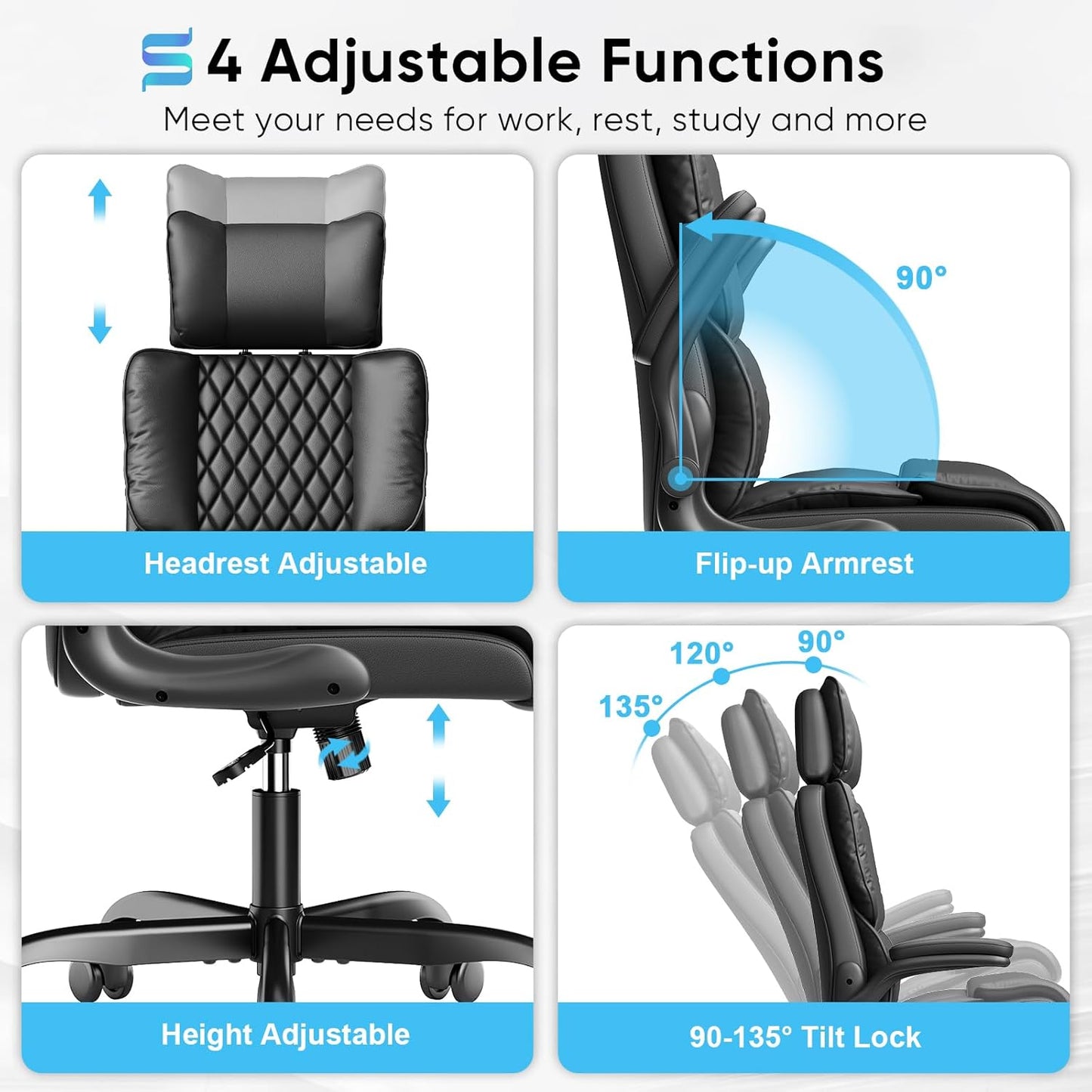 Sytas Executive Office Ergonomic Chair with Adjustable Headrest, PU Leather Desk Chair, High-Back Swivel Task Chair for Home Office, 135° Reclining, Black