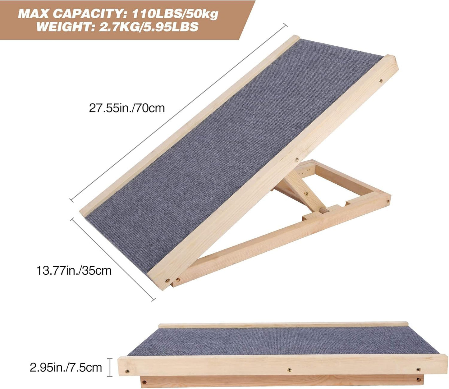 Wooden Pet Ramp for Dogs and Cats, Dog Ramp Height Adjust from 11.8 inches to 15.7 inches with Non Slip Carpet Surface, Supports up to 110lb Great for Older Animals (NO Side Rails)