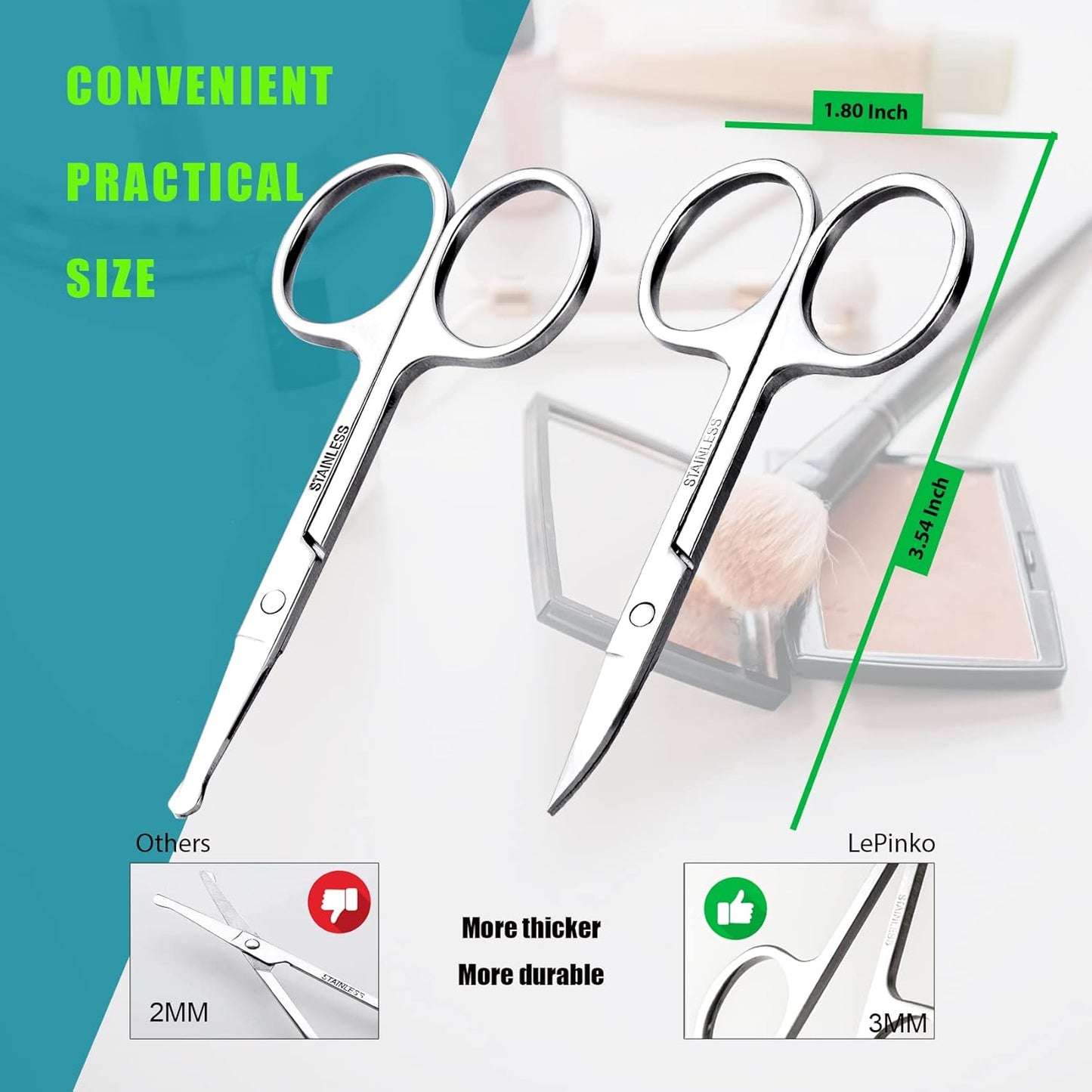 Facial Hair Small Grooming Scissors For Men Women - Eyebrow, Nose Hair, Mustache, Beard, Eyelashes, Ear Trimming Kit - Curved and Rounded Safety Tip Clippers For Hair Cutting - 2PCS Silver
