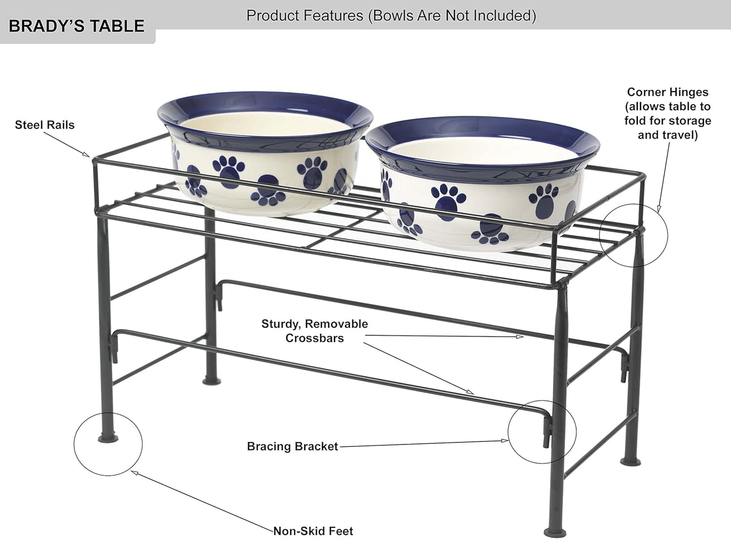 PetRageous 81032 Brady's Set the Table Steel Frame Dog Feeder 10-Inch Tall by 20-Inch Long and 10-Inch Wide, Holds Two 9-Inch Diameter Bowls, for Large Dogs and Extra Large Dogs, Black