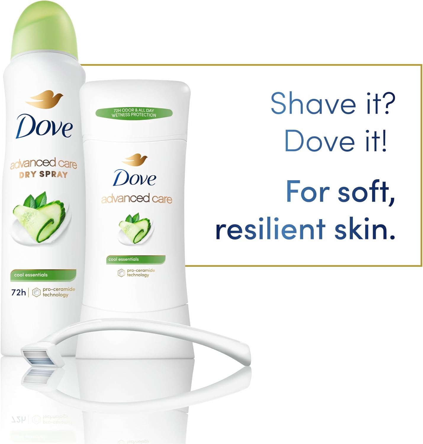 Dove Advanced Care Antiperspirant Deodorant Stick Cool Essentials 4 ct for helping your skin barrier repair after shaving 72 hour odor control and sweat protection with Pro Ceramide Technology 2.6 oz