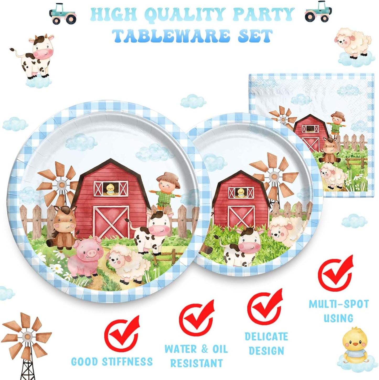 Farm Birthday Party Supplies for Boys Tableware Set, Farm Birthday Decorations, Farm Animal Birthday Décor Boy, Blue Farm Animal Themed Plates Napkins Forks, Serves 24 Guests