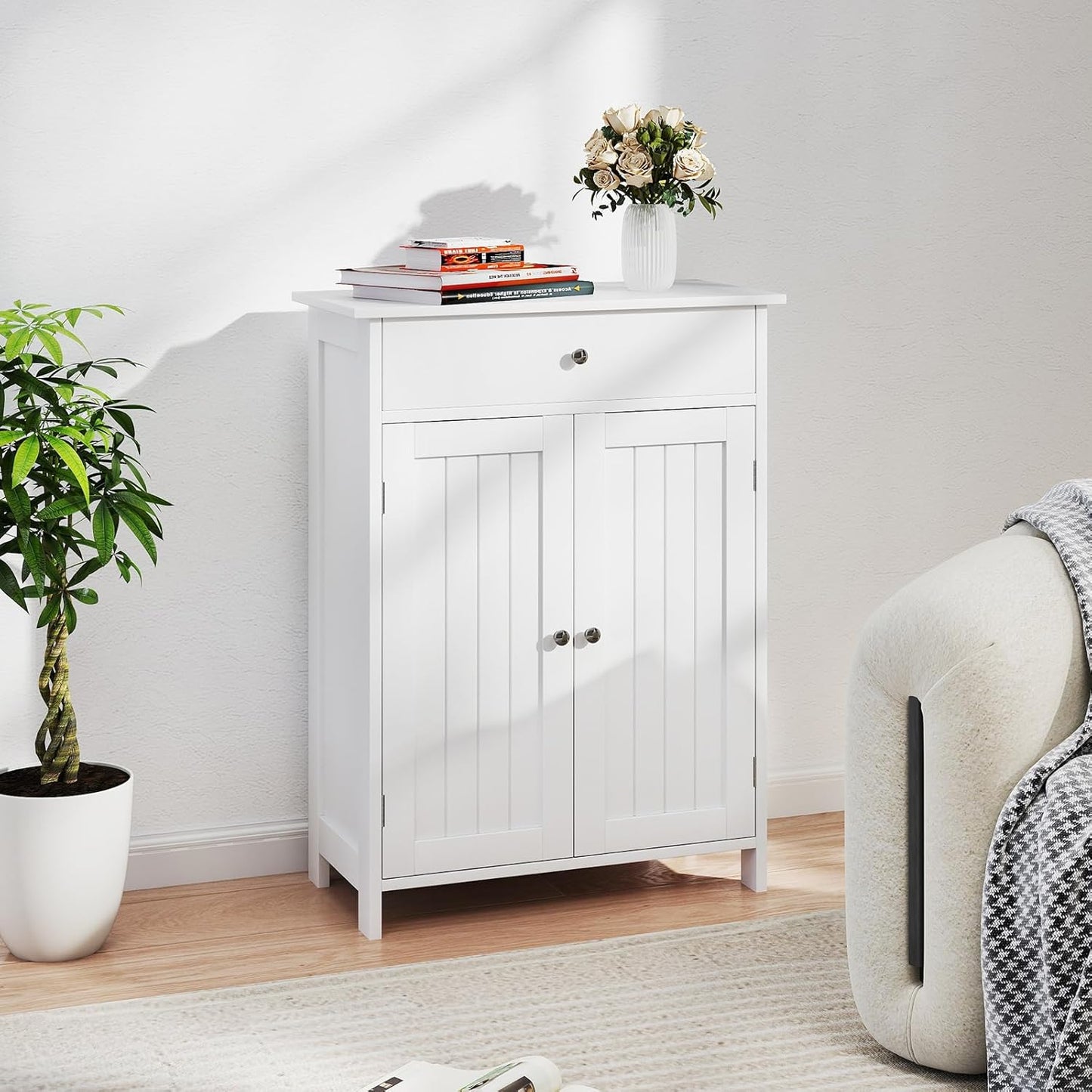 Giantex Storage Cabinet, White Bathroom Cabinet with 2 Doors, 1 Drawer, 3-Level Adjustable Shelf, Modern Wooden Storage Organizer for Laundry Room, Entryway, Living Room