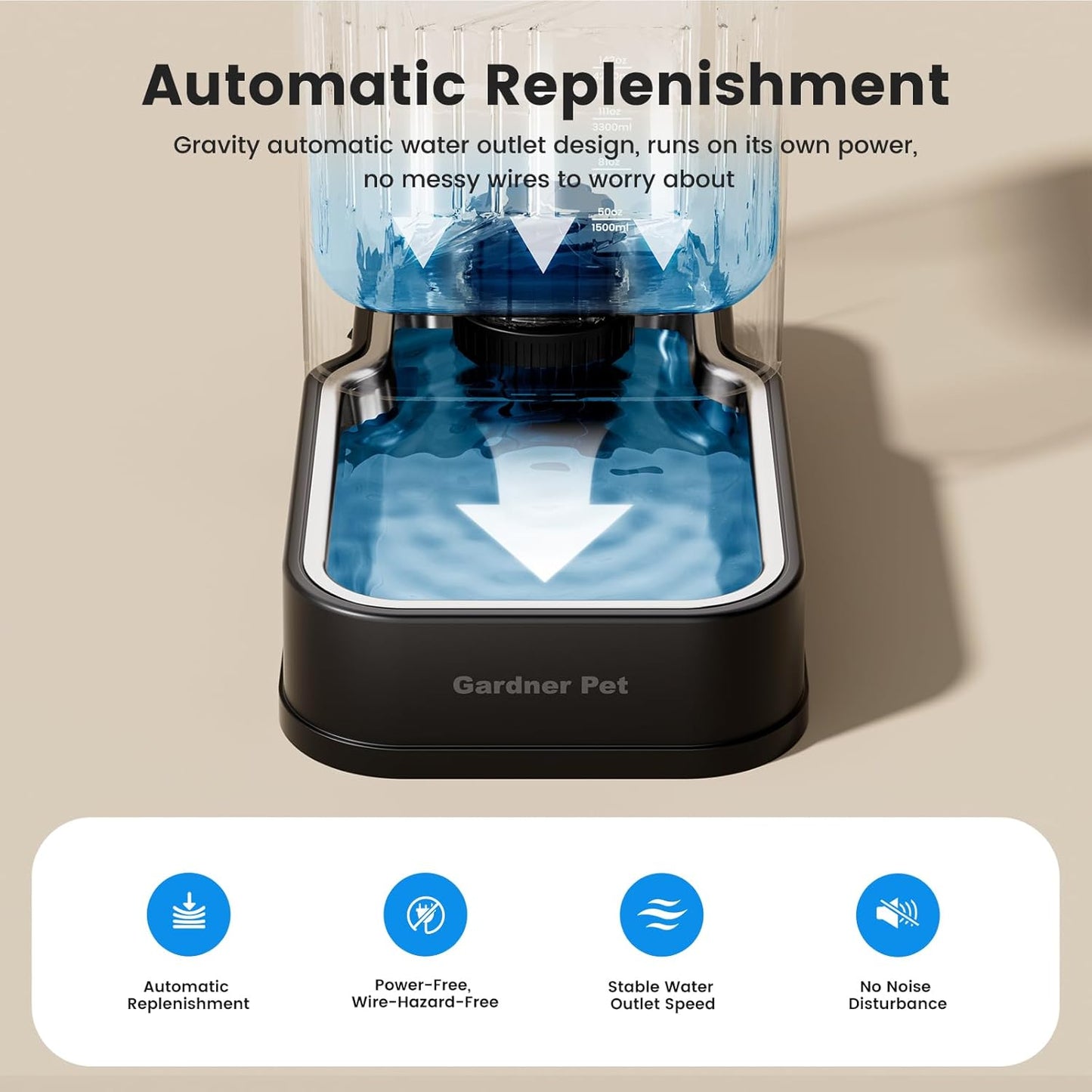 Gardner Pet 2.2 Gallon Automatic Dog Water Bowl Dispenser 8.5L Gravity Water Feeder with Stainless Steel Bowl & Maifan Stone Filter, BPA-Free for for Cats and Dogs (Black, 2.2 Gallon)