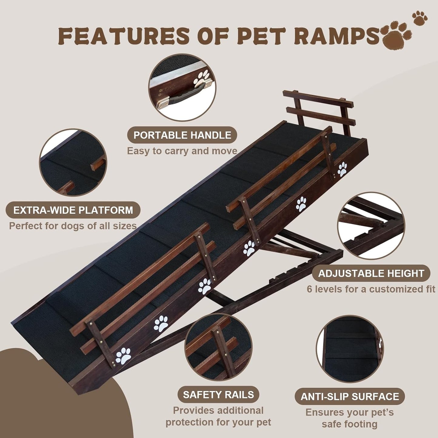 Efficraft Inch Dog Ramp, 6 Level Adjustable Height Folding Pet Ramp for High Beds, Elevates Up to 37 Inches - Portable for Senior Medium & Large Dogs and Cats