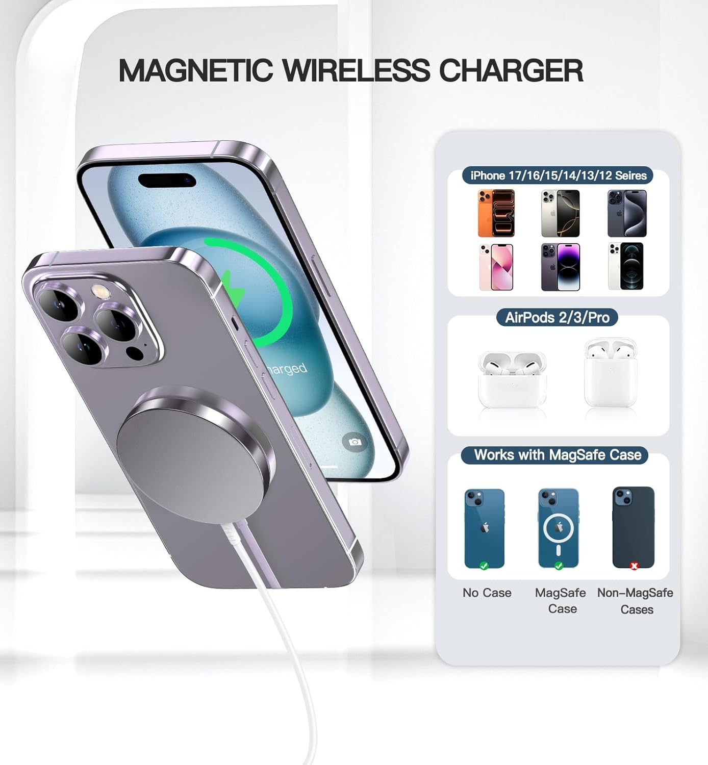 Magnetic Wireless Charger 15W Fast Mag Safe Charger for Cell iPhone 17 Pro Max/17 Pro/17 Air/17/16/15/14/13/12 Series 2 Pack Charging Pad for AirPods 3/2/Pro 2/Pro Mag-Safe Original Replacement