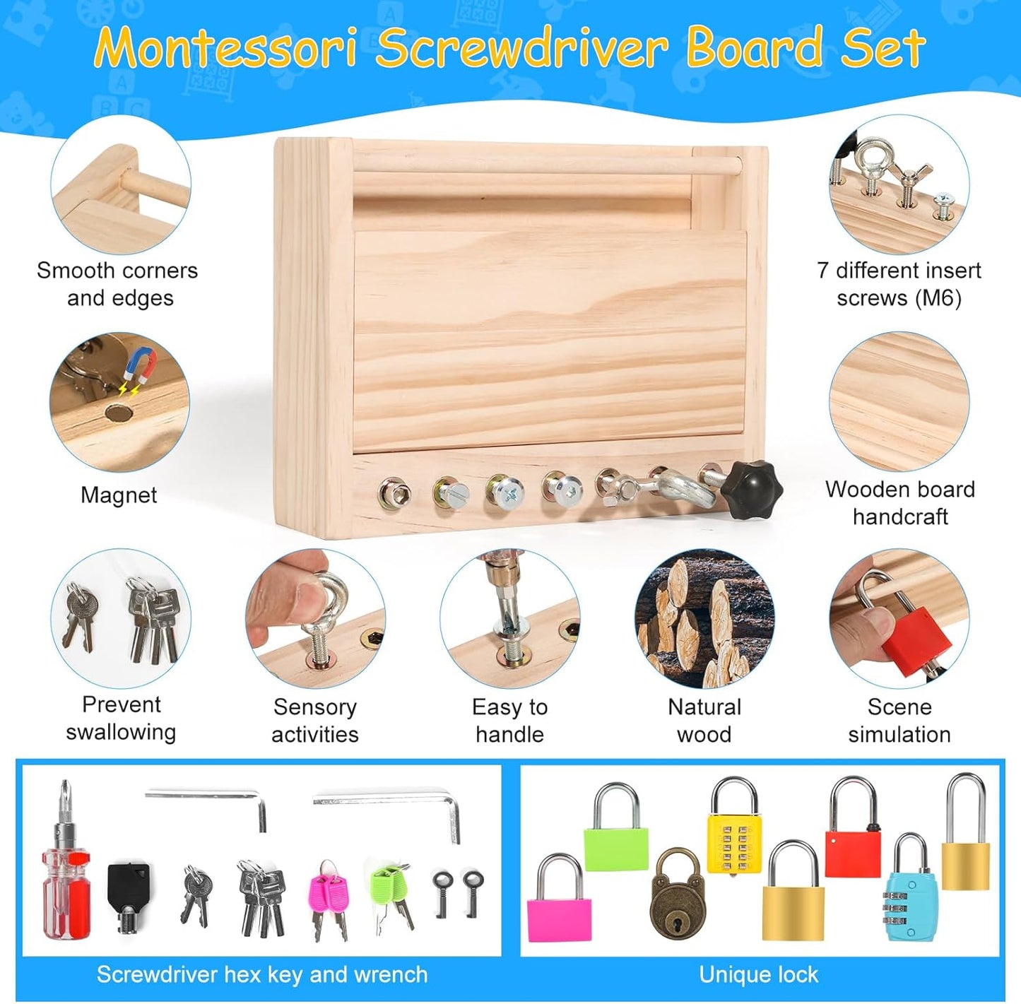 Montessori Toys for 3 4 5 Year Old,Montessori Screwdriver Board Set-Lock and Key Toy,Kids Tool Set,Preschool Learning Sensory - Fine Motor Skills - STEM Toys