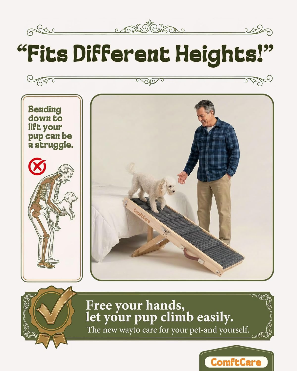 Adjustable Dog Ramp for Small Dogs, Foldable Pet Ramp for Bed & Couch, Non-Slip Indoor Ramp, Portable, Joint-Friendly Design, Supports up to 35 lbs