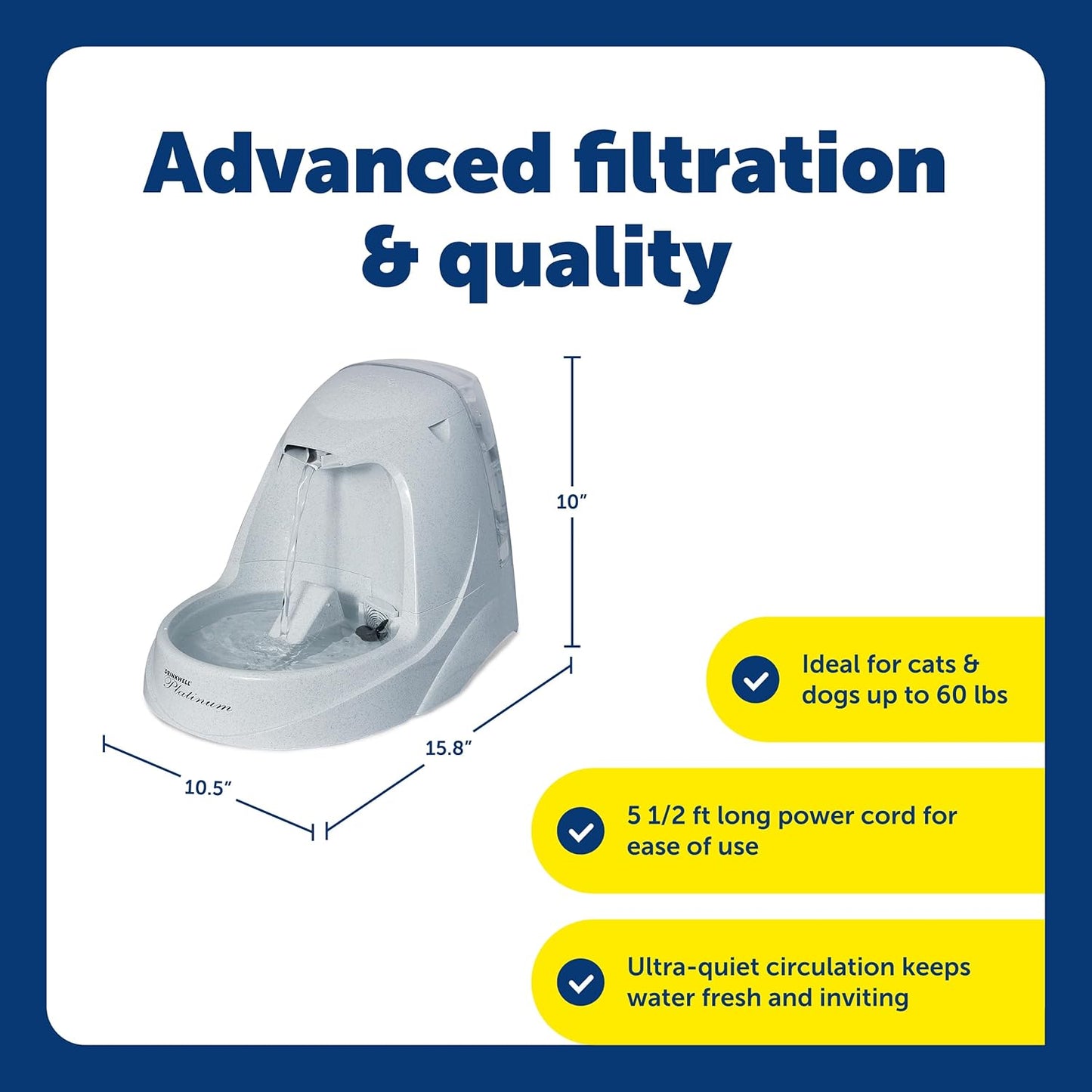 PetSafe Drinkwell Platinum Pet Fountain - Supports Healthy Hydration - Encourages Drinking - Carbon Filter Removes Odors - Adjustable Stream - BPA-Free - Large Water Capacity - Easy to Clean - 168 oz