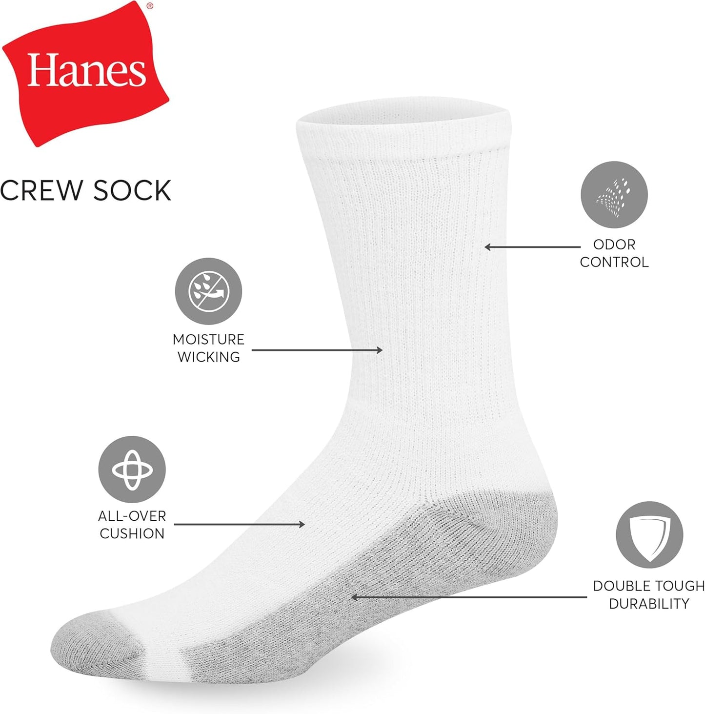 Hanes Men's Double Tough Socks, Crew and Ankle Moisturing Wicking Socks, Black & White, Multi-Packs