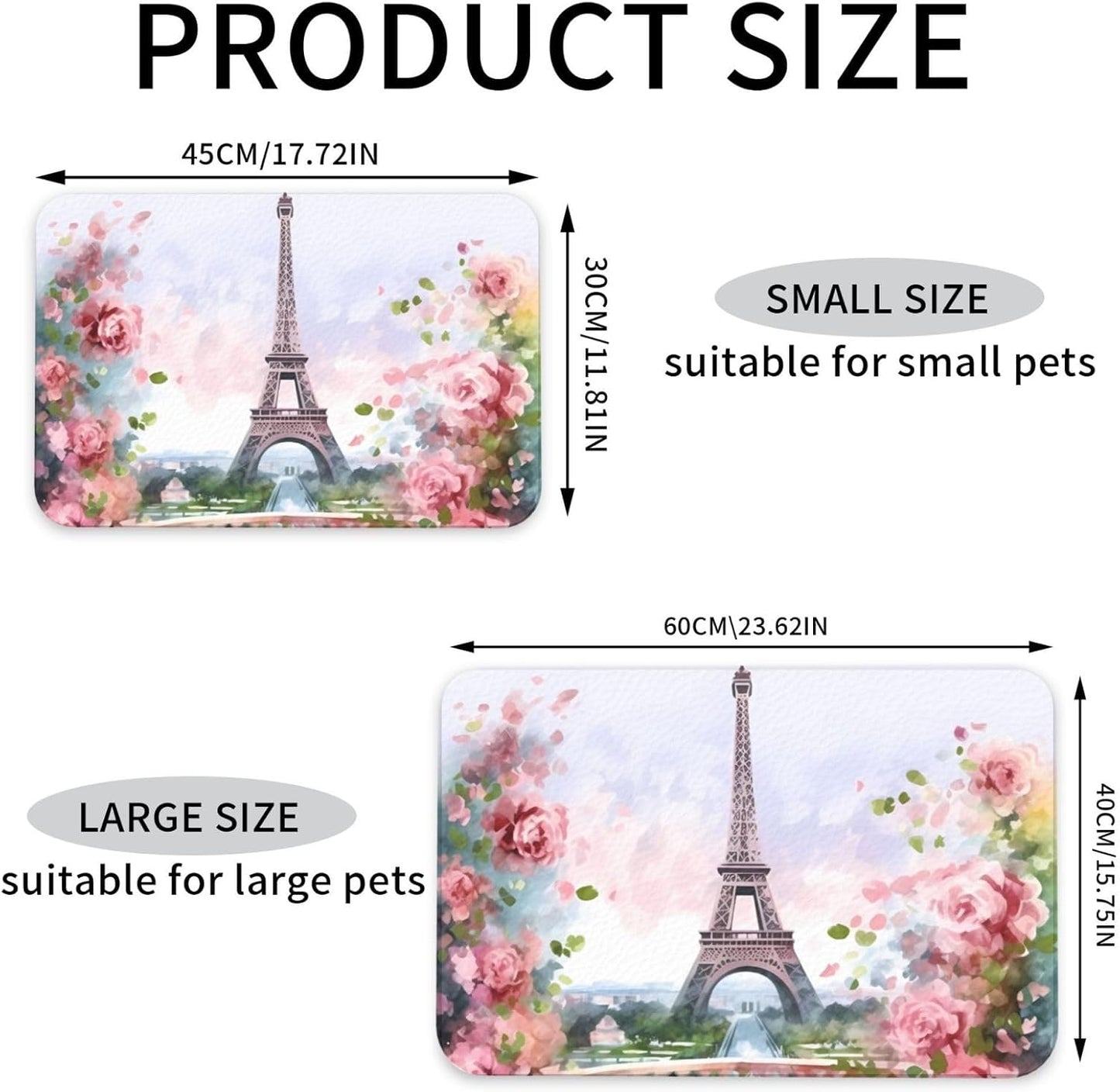 Paris Eiffel Tower with Flowers Pet Feeding Mat 40x60cm Absorbent Leather Dog Cat Food Mats Non-Slip Dog Bowl Mats for Food and Water, Quick Dry Pets Placemats for Cats and Dogs Water Bowl