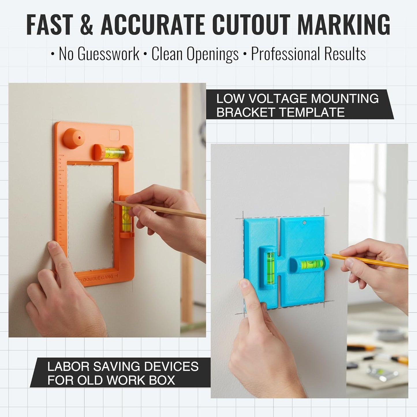 Low Voltage Mounting Bracket Template and Labor Saving Devices for Old Work Box, Horizontal or Vertical Low Voltage Tools for Single&Double Gang, Electrical Cutter, Wall Outlet Template Built in Level