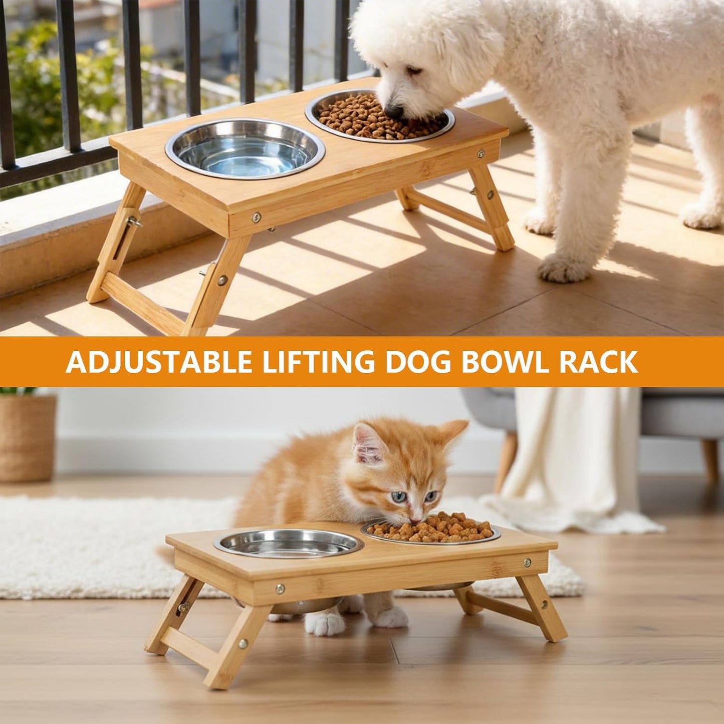 Dog Bowls Elevated,Adjustable Raised Cat Bowl Stand for Small Dogs and Cats Bamboo Pet Food Feeder with 2 Stainless Steel Dish Water Feeding Set