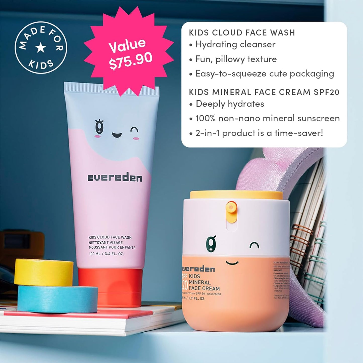 Evereden Kids Healthy Morning Duo Spa Headband for Girls: Clean & Vegan Skin Care Bundle | Cloud Face Wash + SPF 20 Mineral Face Cream | Non-Toxic | Easy-to-Use Skincare