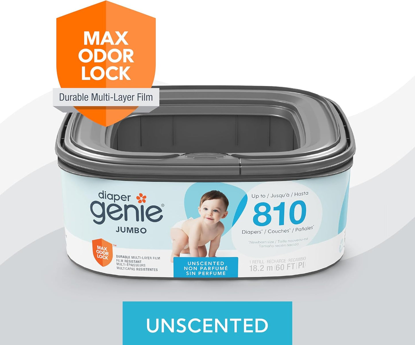 Diaper Genie Jumbo Square Refill, with Continuous Film, can Hold up to 810 Newborn-Sized Diapers per Refill.