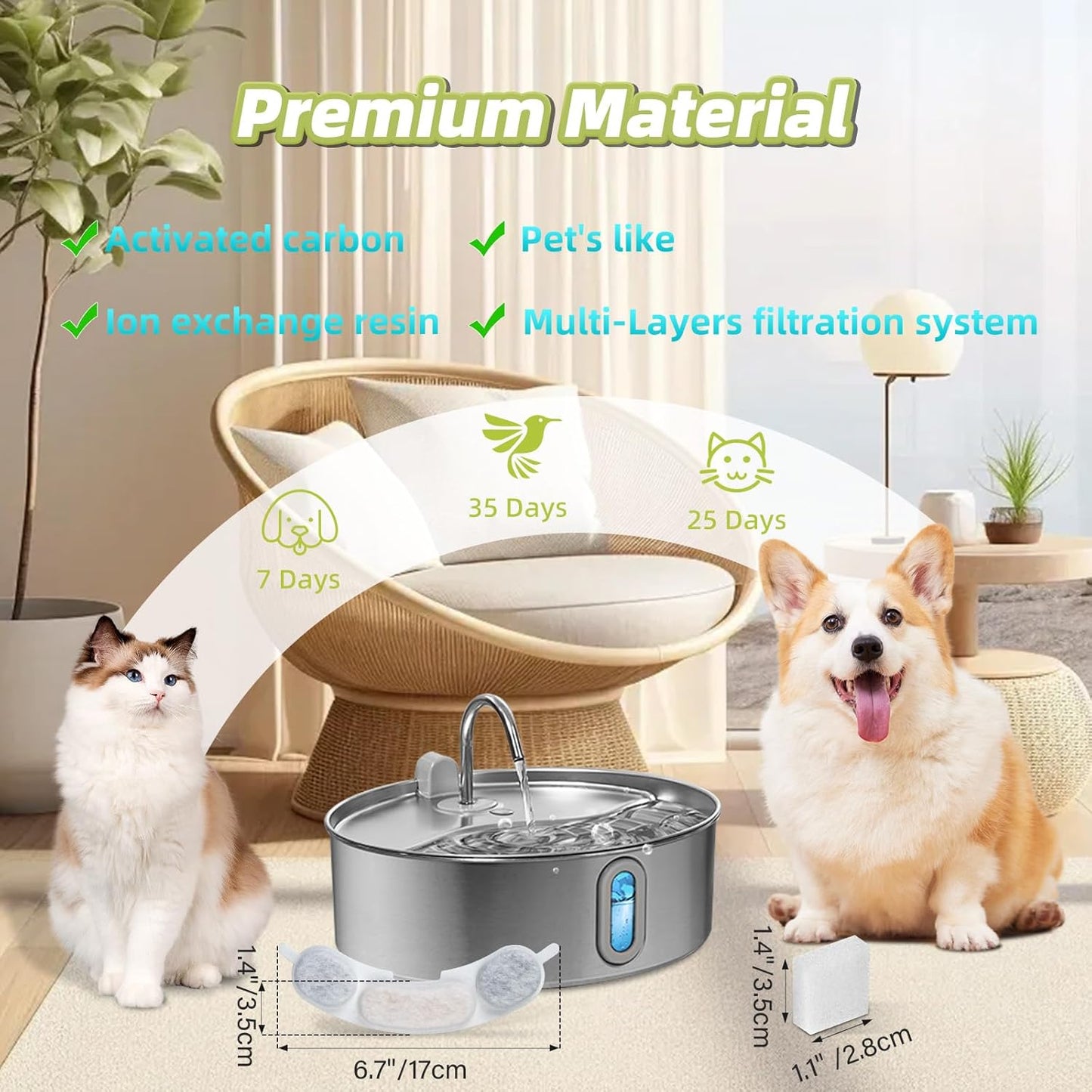 16 Sets Filter Replacement Compatible with smartoo 7L/236oz/1.8G Dog Water Fountain, Dog Water Bowl Filter for Stainless Steel Pet Fountain