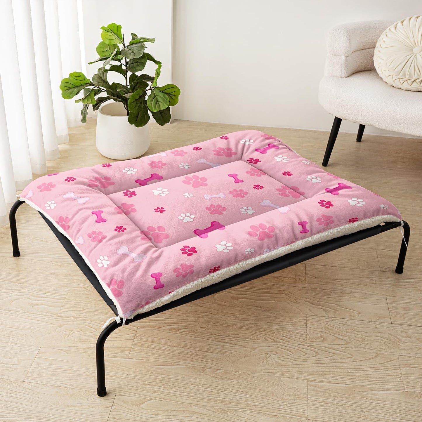 Pink Paw Print Dog Bed Mat - Cute Puppy Pad for Crate or Kennel - Washable Bone Design Pet Mat - Soft Fleece Liner for Small Dogs & Cats - Anti-Slip (M)