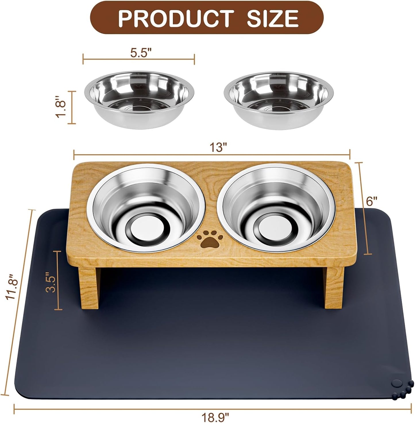 Elevated Cat Bowls with Silicone Mat, 15° Tilted Solid Wood Stand, Raised Stainless Steel Food & Water Dishes for Cats and Small Dogs, Anti-Vomiting Design(Natural)