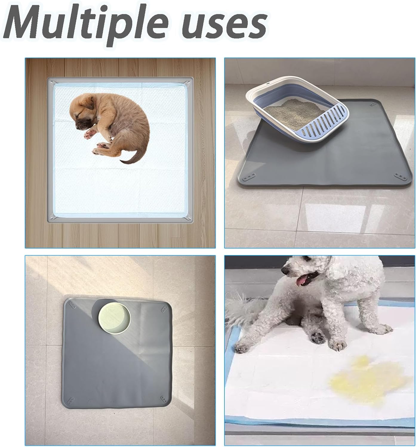 Dog Pee Pad Holder 24x24 Inch, Silicone Non-Slip Pet Potty Pad Tray Holder, Washable Anti-Chew Dog Training Pad Fixer, Grey (Gray, S)