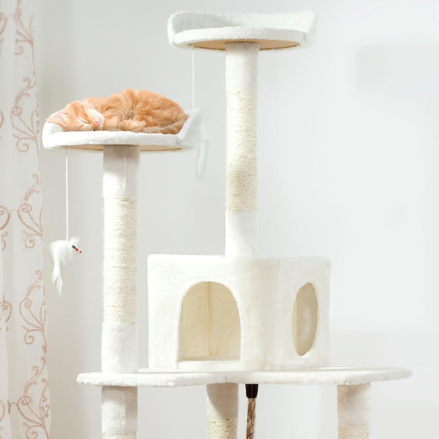 Cat Tree - 6-Foot Cat Tower for Indoor Cats with Napping Perches, Kitty Condo, 9 Cat Scratching Posts, 2 Hanging Toys, and Rope by PETMAKER (Ivory)