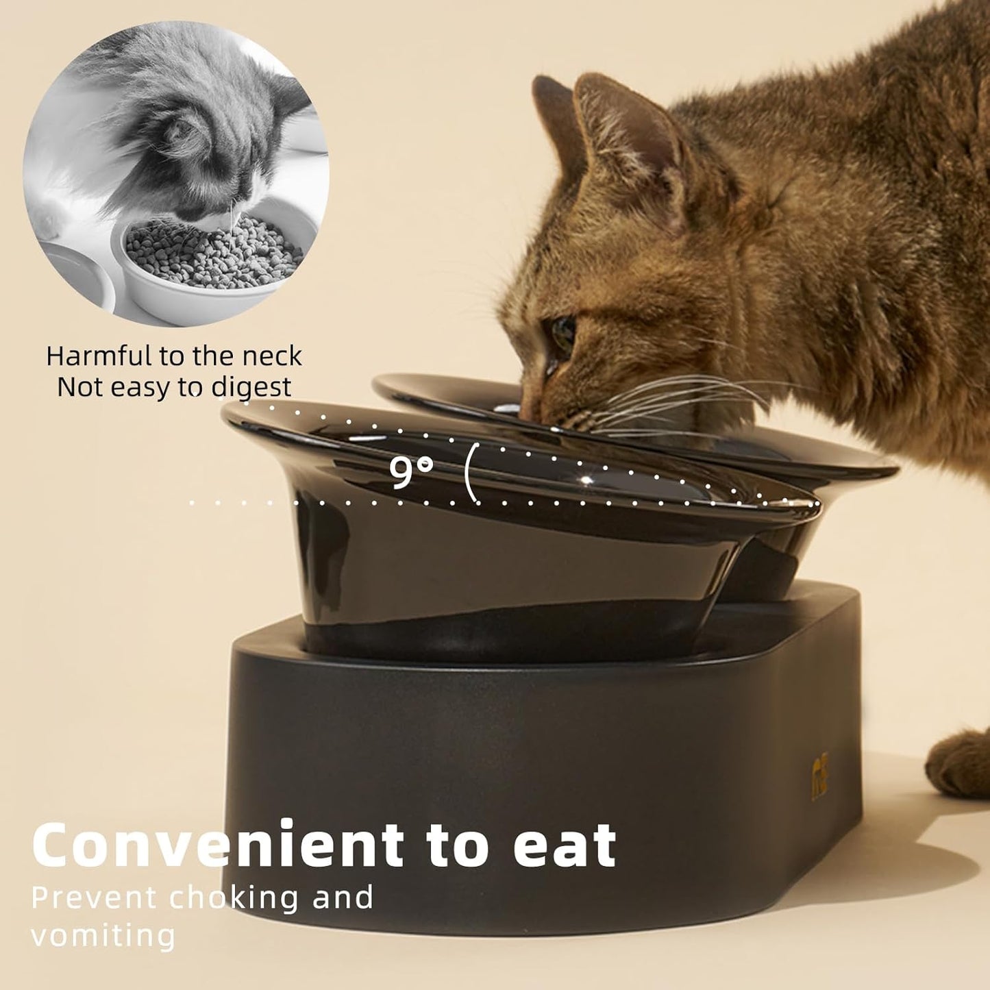 MS!MAKE SURE Raised Cat Bowls Set - Ceramic Dishes with Non-Slip Stand, 9° Tilted, Lead & Cadmium Free, for Small Dogs and Cats, 6.5" Wide - 2 x 320ML (10.8 oz), Black