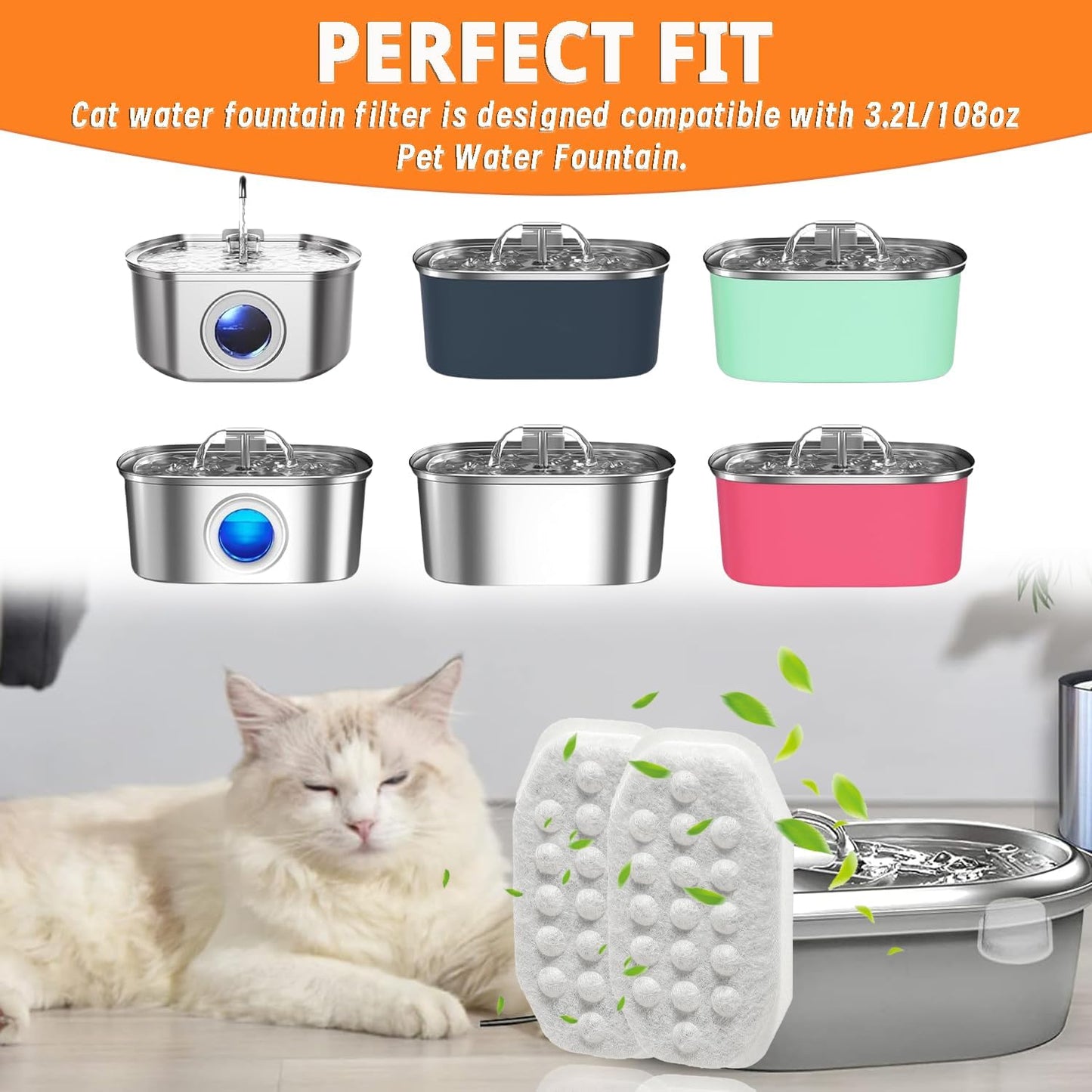 12 Pack 3.2L/108oz Cat Water Fountain Filters Replacement and 12 Pack Pre-Filter Sponges for Stainless Steel Automatic Pet Fountain Dog Water Fountain